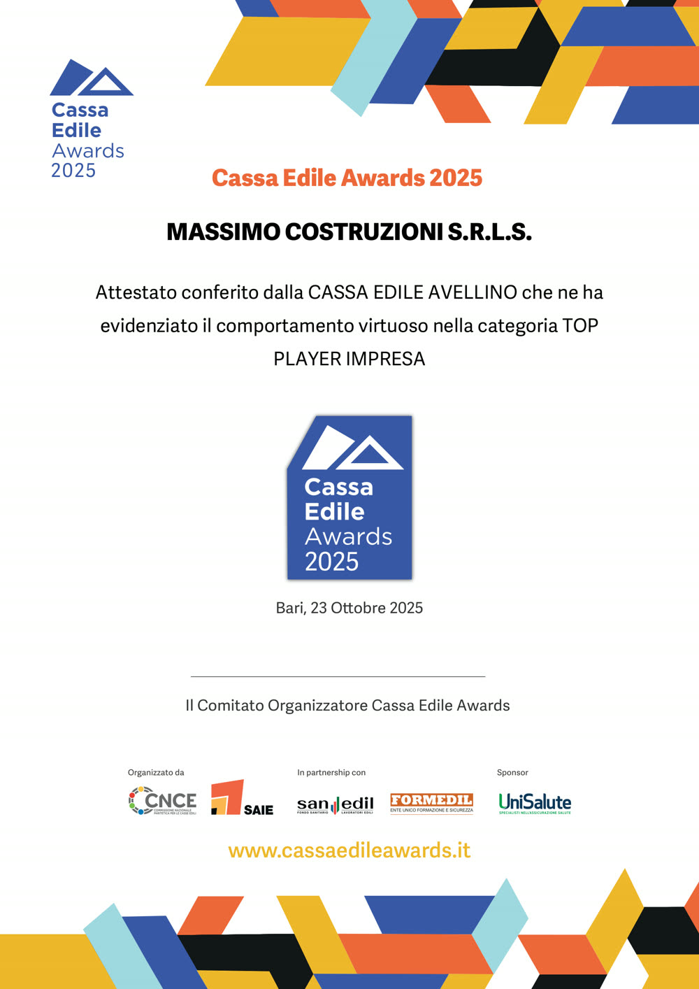 Attestato Cassa Edile Awards 2025