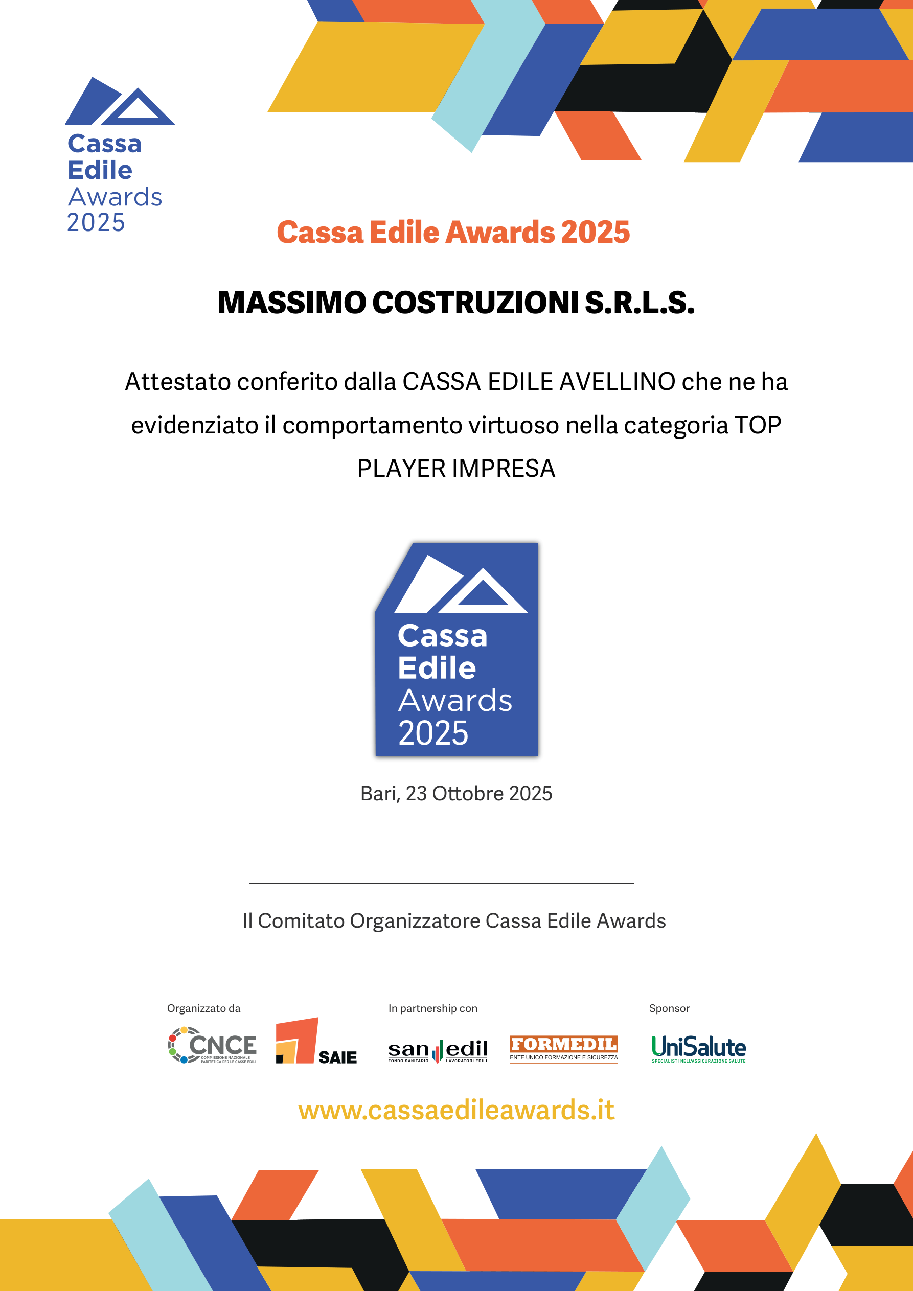 Attestato Cassa Edile Awards 2025